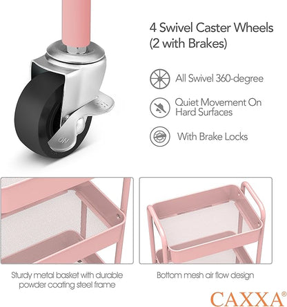 CAXXA 3-Tier Rolling Metal Storage Organizer - Mobile Utility Cart with Caster Wheels, Pink