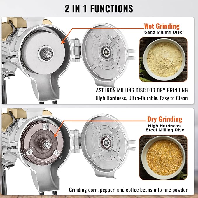 VEVOR Electric Grain Mill Grinder, 3000W Spice Grinders, Commercial Corn Mill with Funnel, Thickness Adjustable Powder Machine, Heavy Duty Feed Flour Cereal Mill Wheat Grinders, Dry & Wet Grinder