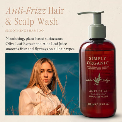 SIMPLY ORGANIC Frizz Control Hair Shampoo Scalp Wash Made in Italy, All Natural Cruelty Free Hair Care for Women & Men with Aloe Leaf Juice & Olive Leaf Extract, 251ml/8.5floz, ANTI-FRIZZ