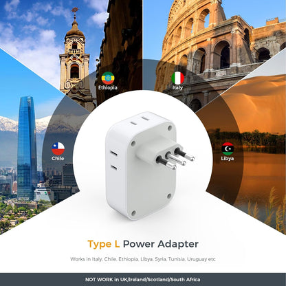 Italy Travel Plug Adapter 2 Pack, TESSAN Italy Power Adaptor with 4 Outlets 3 USB Charger (1 USB C Port), Type L Adapter for US to Chile Ethiopia Libya Syria Tunisia Uruguay