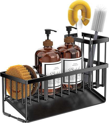 Cisily Extra Large Kitchen Sink Caddy Organzier with High Brush Holder, Sponge Holder for Sink, 304 Rustproof Stainless, Kitchen Countertop Soap Dispenser Organizer For Decor and Accessories