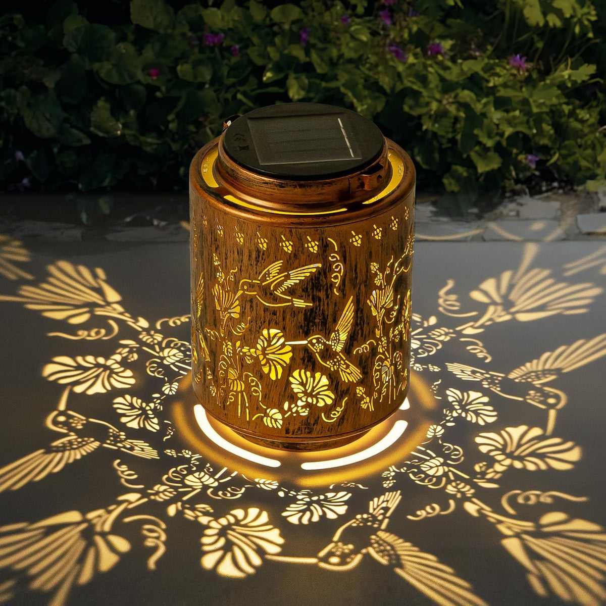Outdoor Solar Lantern Waterproof Decorative Hummingbird and Trumpet Flower Lights with Metal Construction Warm White Glow Gifts for Mom Grandma Patio Garden Décor