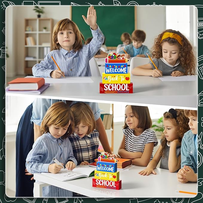 Welcome Back to School Table Decorations, 1st Day of School Wooden Block Sign Pencil Centerpieces for Party, The First Day Banner, Classroom Decor for Kids Teacher Desk Gifts, Tiered Tray and TableTop
