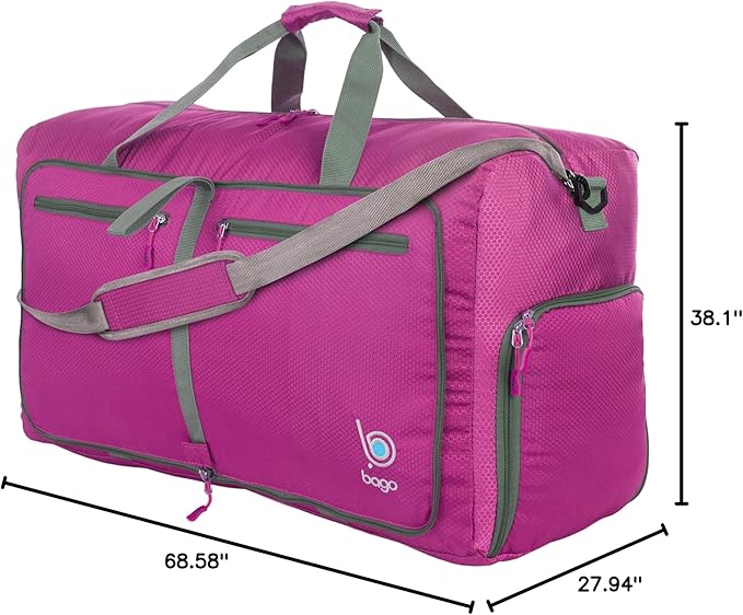 Bago Large Foldable Duffel Bags for Traveling Women & Men - 80L Packable Duffle Bag for Travel with Shoe Compartment - Water Repellant, Heavy Duty, Lightweight Folding & Collapsible (Pink)