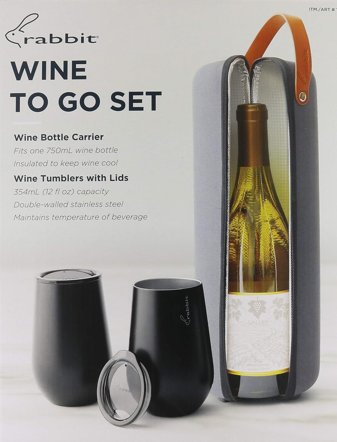 Rabbit Wine to Go - Set of 3 | Wine Bottle Insulation Bag with Handle | Includes 2 Stainless Steel Tumblers with Lids | For On-the-Go Travel such as Picnic, Hiking, and Barbeques
