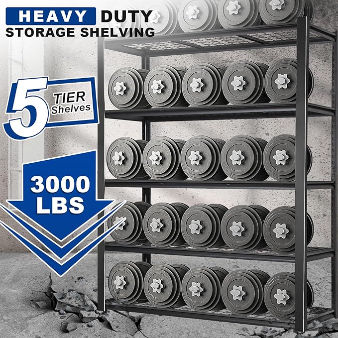 BILT HARD 48”W x 18”D x 72”H Garage Shelving, 5-Tier Heavy Duty Storage Shelves for Garage, Basement, Warehouse, Workshop, 3000 lbs Capacity