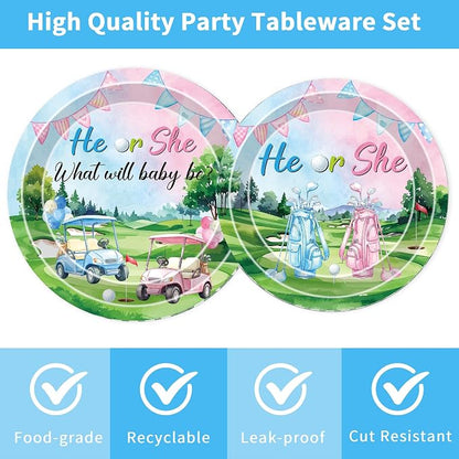 96 Pcs Golf Gender Reveal Decorations, He or She Tableware Set | Golf Cart Theme