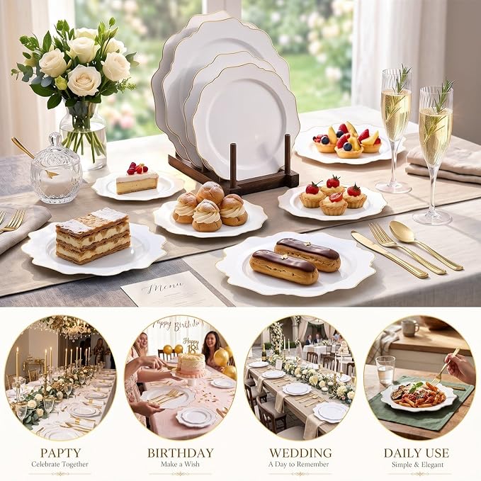 50PCS White and Gold Plastic Plates
