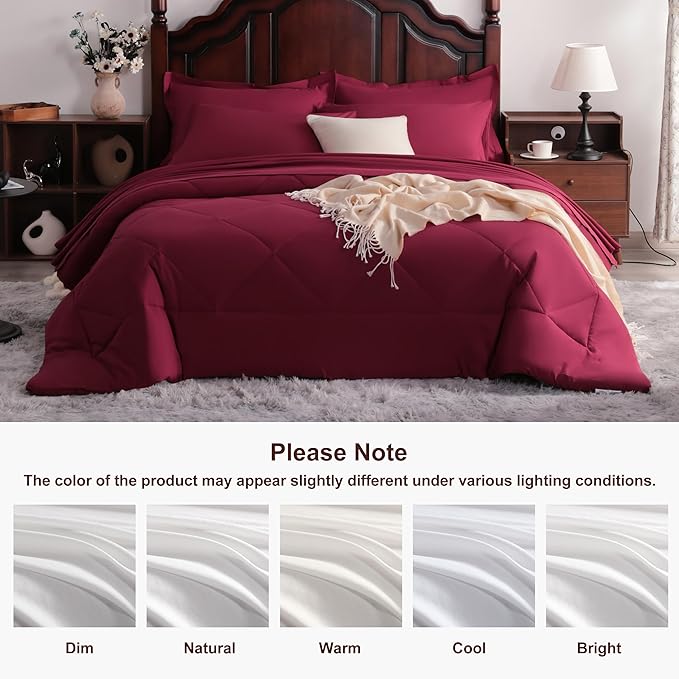 NTBAY Queen Comforter Set with Sheets, 7 Pieces Soft and Breathable Queen Bedding Set, Bed in a Bag, Down Alternative Comforter Set Solid Color All Season, Queen Bedding Set, Wine Red