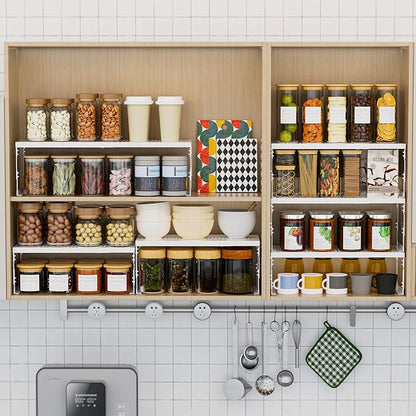 Stackable Expandable Metal Shelf Organizer - Adjustable Wire Storage Rack with Holes for Kitchen, Bathroom, Cabinet, Office - Space Saving, Durable & Sturdy Design（1PACK/Large/White
