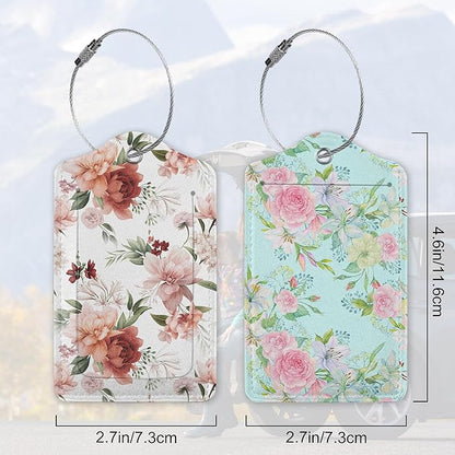 Watercolor Floral Hand Painting Luggage Tags for Suitcases, 2 Pack Cute PU Leather Suitcase Tag Identifiers with Address Card for Baggage Tag