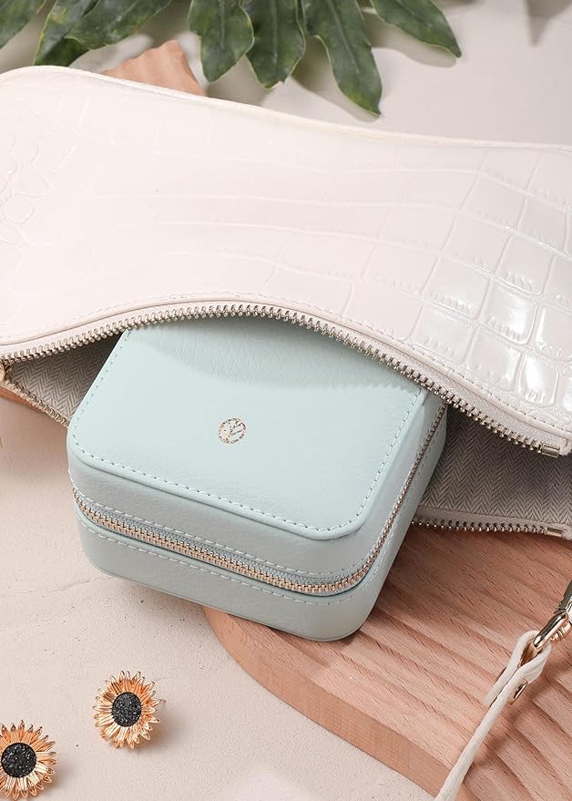 S.Leaf Travel Jewelry Organizer Travel Jewelry Boxes for Women Small Jewelry Travel Case Box Portable Travel Jewelry Case Travel Case Mini Jewelry (02_Lychee_Haze_Blue)