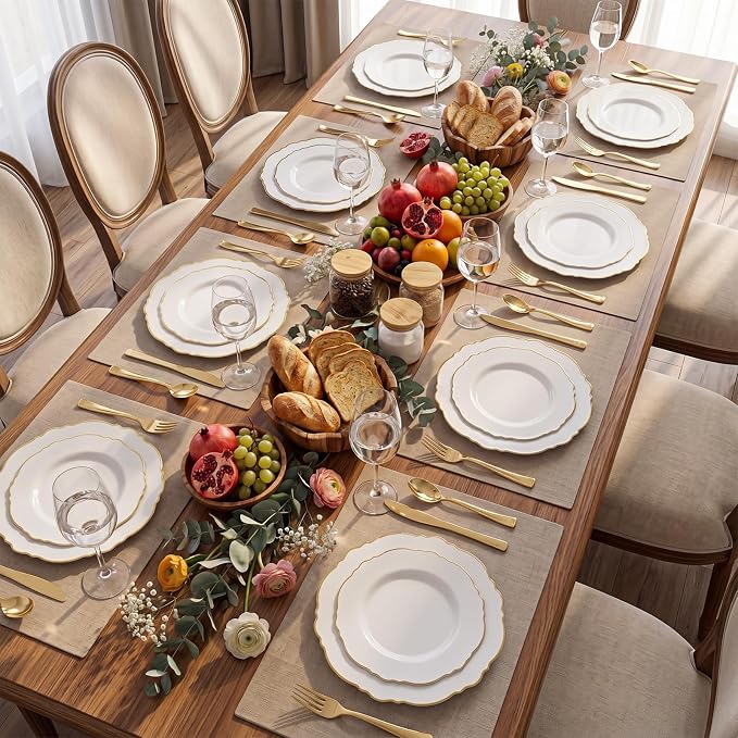 60pcs White and Gold Plastic Plates