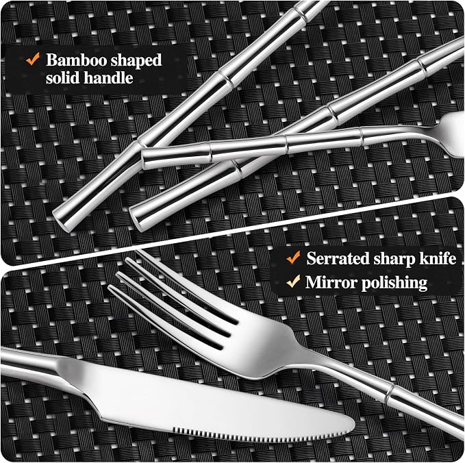 20 Pieces Bamboo Flatware Set Silverware Set Service