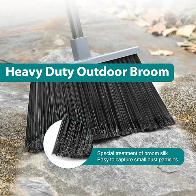 PBHEPJ Broom, Outdoor Broom for Floor Cleaning, 58" Long Stainless Steel Handle, Hard Bristle Angle Broom for Sweeping Indoor, Commercial, Industrial, Garage, Kitchen