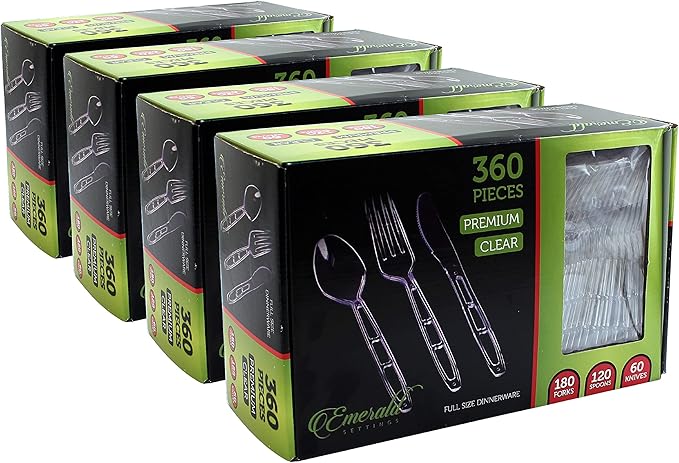 Party Bargains Emerald Clear Plastic Silverware 1440 pcs Set: 720 Forks, 480 Spoons, 240 Knives. Heavy Duty Elegant Cutlery Disposable Utensils Combo Pack for Ceremonies Catering Galas Cocktail Party