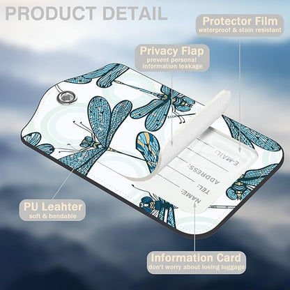 2 Pack Luggage Tags for Suitcases Vintage Blue Dragonflies Leather Luggage Tags Privacy Cover ID Label with Stainless Steel Loop and Address Card for Women Men Travel Bag Backpack