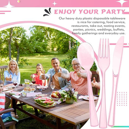 Minatee 150 Pieces Disposable Cutlery Set Plastic Silverware Heavy Duty Utensil Sets 50 Forks 50 Knives 50 Spoons for Home Office School Party Picnics Restaurant Outdoor Events(Pink)