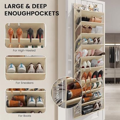 Over the Door Shoe Organizer for Closet, Shoes Rack with 10 Tier PVC Window Deep Pockets, Hanging Shoe Organizers for Boot Storage, Behind the Door Narrow Shoe Holder for Small Shoes, Beige