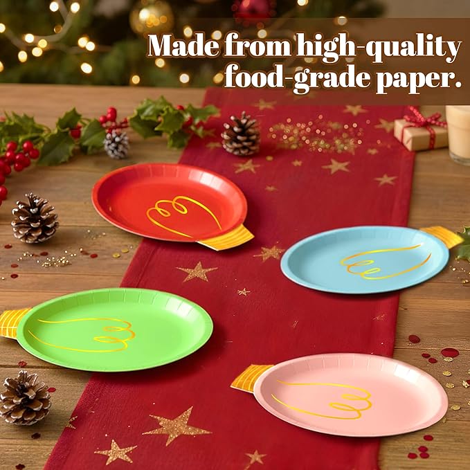 OuMuaMua 100Pcs Christmas Paper Plates Disposable, Heavy Duty Christmas Light Bulb Design Party Supplies Serve 50, Fancy Disposable Dinnerware Set with Gold Foil for Holiday Home Xmas Party Decor