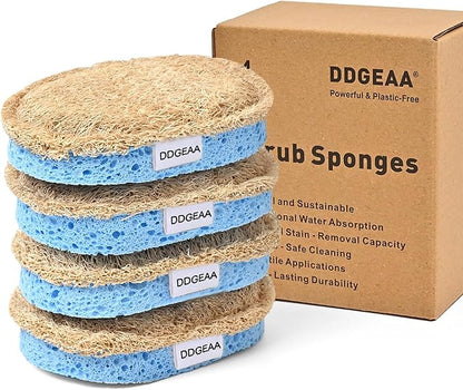 Natural Scrub Sponges Kitchen, Dual-Sided Loofah Dish Sponge - Plastic-Free, Scrubbing Power Without Scratching - 4 Pack Blue