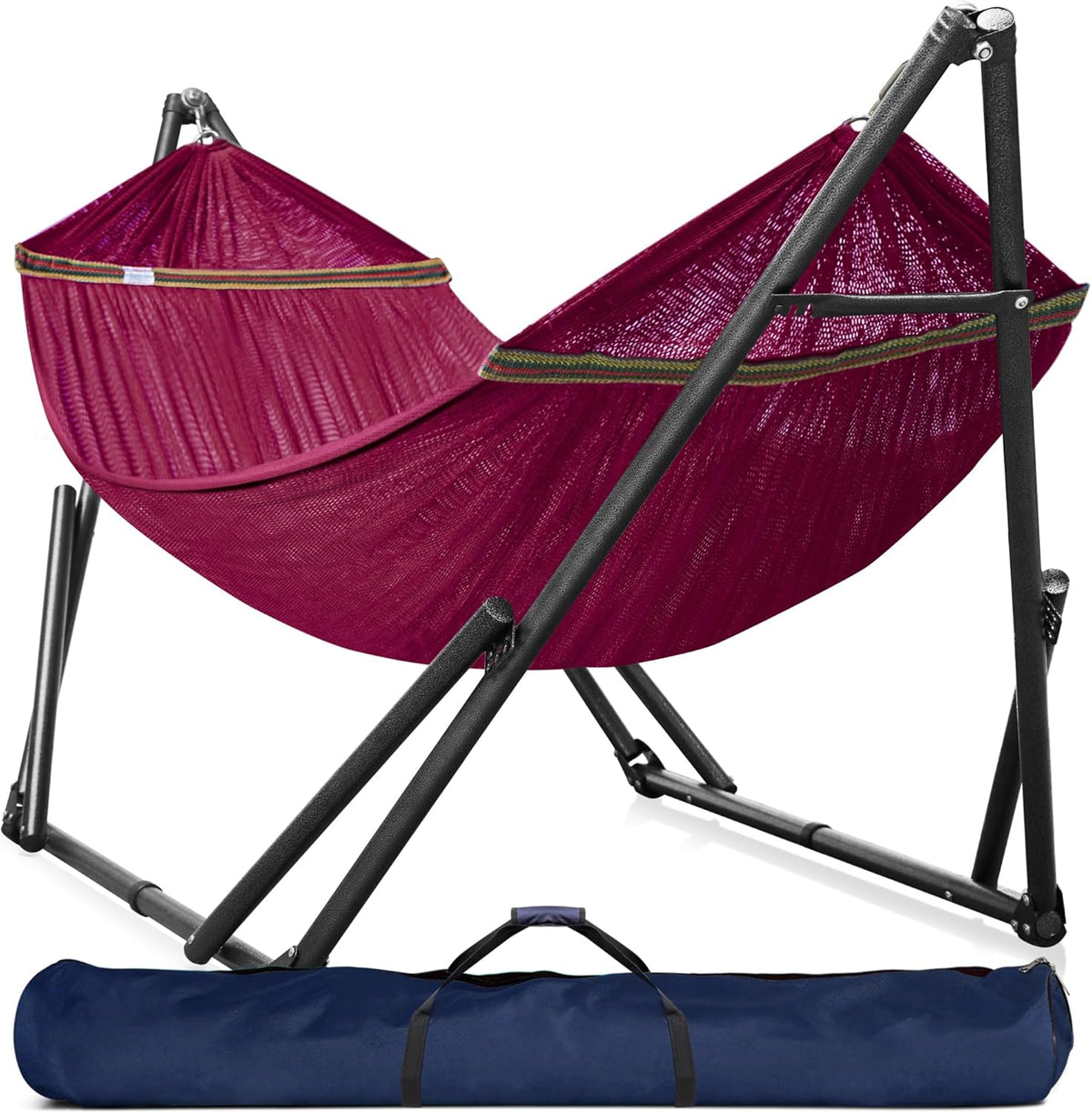 Tranquillo Universal Double Hammock with Stand Included for 2 Persons/Foldable Hammock Stand 600 lbs Capacity Portable Case - Inhouse, Outdoor, Camping, Red