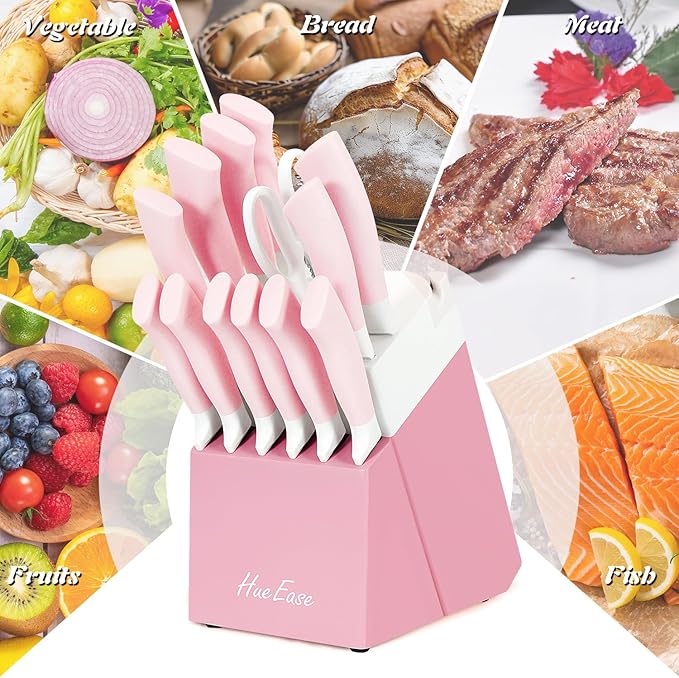 14 Pieces Knife Set with Block, Ceramic White Coating, High Carbon Stainless Steel Sharp Blade Block Knife Set, Dishwasher Safe Cutlery, Colliding Pink