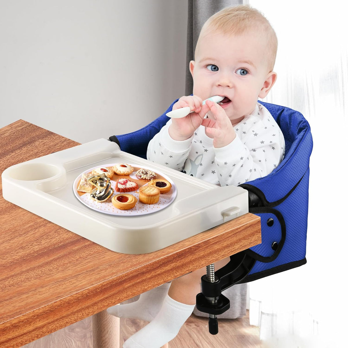 Hook On Chair with Removable Dining Tray, Portable Table High Chair, Folding Compact Baby Seat with Storage Bag for Indoor/Outdoor(Bright Blue)