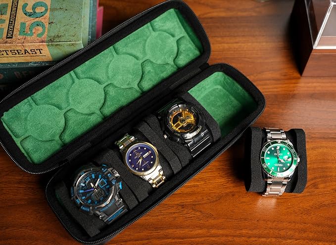 4 slots watch travel case roll, hard watch box storage organizer with soft foam pillows, fit up to 55mm face size watch(green microfiber lining)