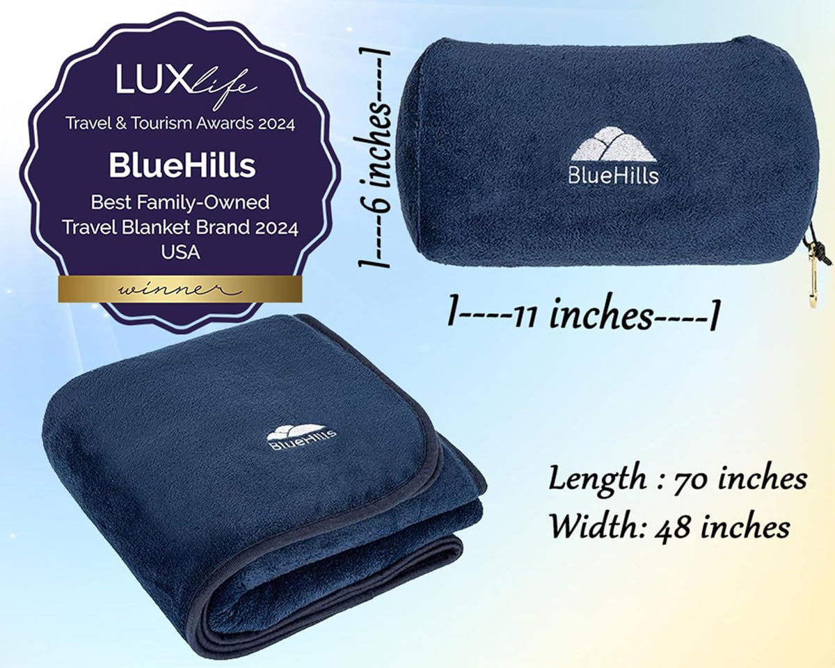 BlueHills Travel Blanket Pillow Rolled Premium Soft Plush Airplane Throw Traveling Essential Gift Compact in a Bag 70 X 48 inches Long Plane Flight Portable Lightweight Navy Blue R04