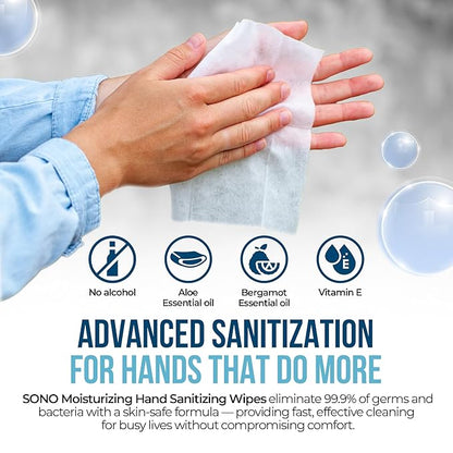 SONO Bergamot & Aloe Moisturizing Hand Sanitizer Wipes - TSA-Approved Travel Size Individual Packs for On-the-Go Hygiene & Cleansing - Alcohol-Free Antibacterial for Hands & Surfaces
