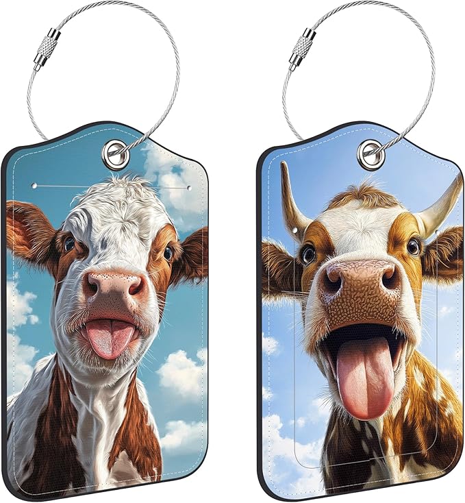 Cute Cow Sticking Out Tongue Luggage Tags for Suitcases Leather Travel Tags for Luggage ID Label with Privacy Cover and Stainless Steel Loop for Men Women Suitcase Backpack, Set of 2