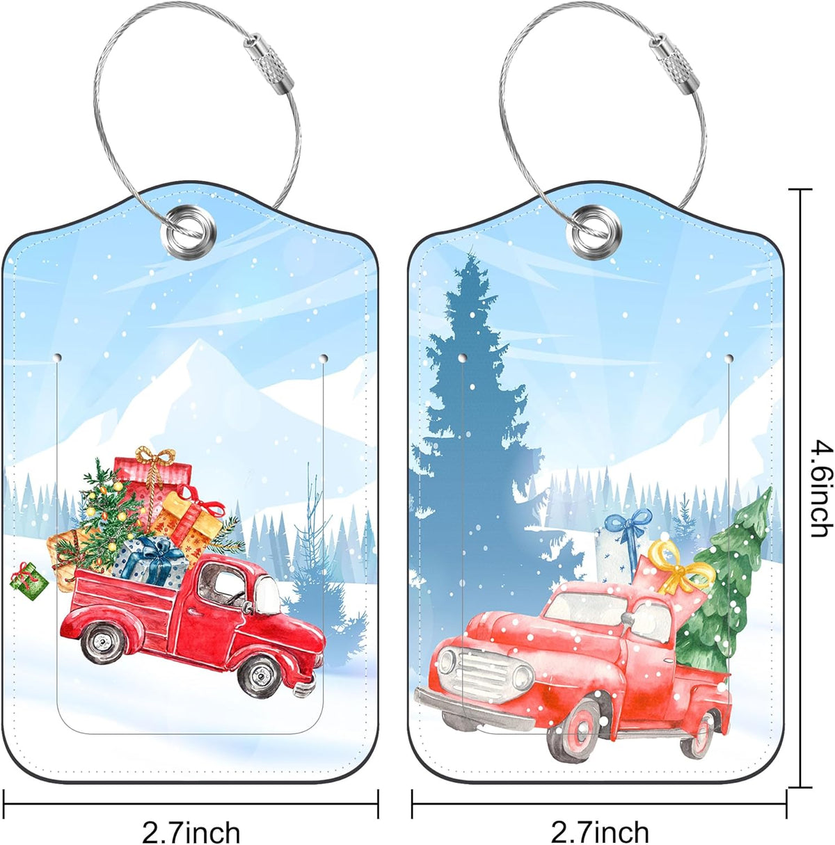 2 PCS Leather Luggage Tags for Suitcase Red Pickup Christmas Tree and Gifts Travel Luggage Tag with Privacy Flap Name ID Label and Metal Loop for Travel Bag Suitcase