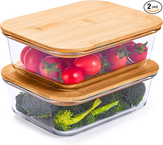 Prosumer's Choice Glass Food Storage Containers with Bamboo Lids (Pack of 2) - Stackable Meal Prep Container - Airtight Glass Food Containers with Lids - Reusable Lunch Pack - 36 Oz