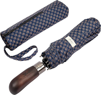 Balios Travel Folding Umbrella with Real Wood Handle Auto Open Close Vented Windproof Canopy - Designed in UK