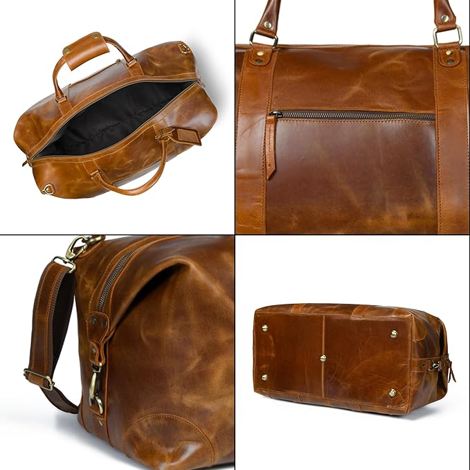 ELIZO Large Leather Duffle Bag For Men Women Big REAL FULL GRAIN Travel Overnight Weekender Carry On Luggage Sports Gym Bags (Tan 24 Inch) Heritage