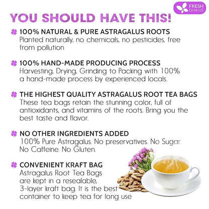 FreshDrinkUS, Premium 75 Astragalus Root Tea Bags, 100% Natural & Pure from Astragalus Root Herbal Tea. Made with Natural Material Tea Bags. No Sugar, No Caffeine, No Gluten, Vegan.