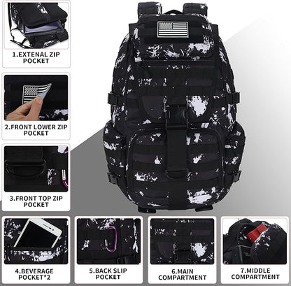 50L Military Tactical Backpack Hiking Waterproof Backpack Large Military Pack 3 Day Assault Pack Molle Bag Rucksack (Black Lightning)