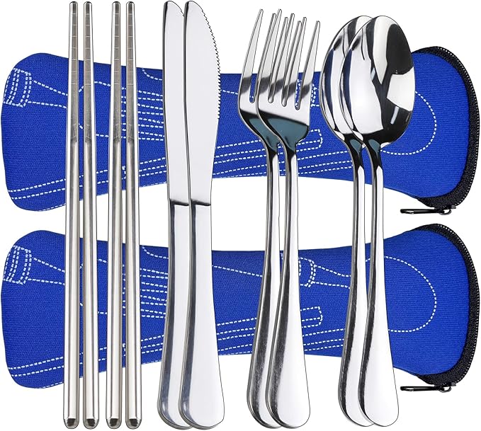 10PCS Portable Silverware Set with Case, Lengnoyp Travel Camping Utensils Set, Premium Stainless Steel Travel Cutlery Set, Reusable Safe Flatware Sets for Lunch Box/Workplace/Students, Silver