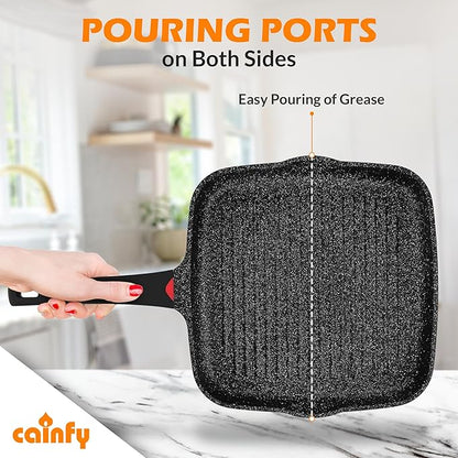 11 Inch Non Stick Grill Pan Granite Coated with Pour Spout - Lightweight 2.66 Quart Grill Pan for Indoor Cooking with Grip Handle - Induction Compatible PFOA Free Stove Top (Black)