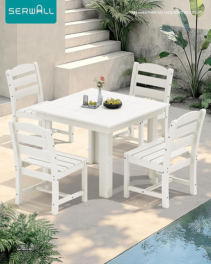 SERWALL Outdoor Dining Set for 4, HDPE Square Table and Chairs Set All Weather