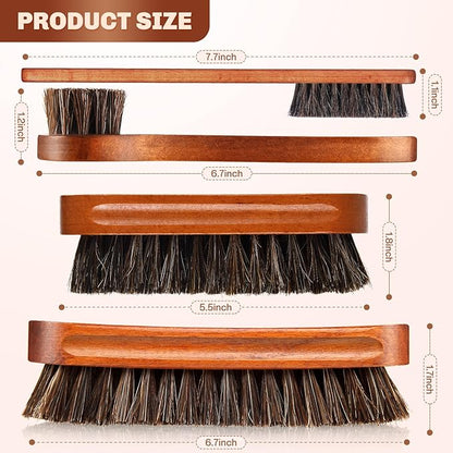 4 Pcs Horsehair Shine Shoes Brush Kit Polish Dauber Applicators Cleaning Leather Shoes Boots Care Brushes Suede Cleaner Brush with Microfiber Shoe Cloth(Brown Style A)