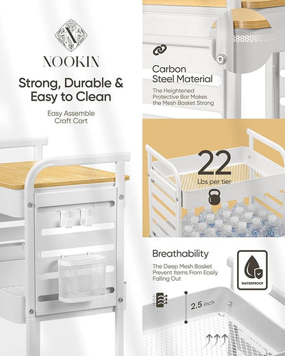 Art Cart with Tabletop & Pegboard - 3-Tier Rolling Utility Cart with Wheels, 2 Baskets & 6 Hooks - Metal Storage Organizer for Home, Office, Crafting & Kids’ Art Supplies (White)