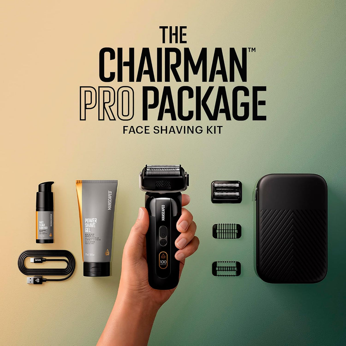 MANSCAPED® The Chairman™ PRO Package - Men’s Electric Face Shaver with Two Interchangeable Blades, SkinSafe® Four-Blade Foil & Stubble Trimmer, Power Shave Gel, Face Shave Soother Aftershave