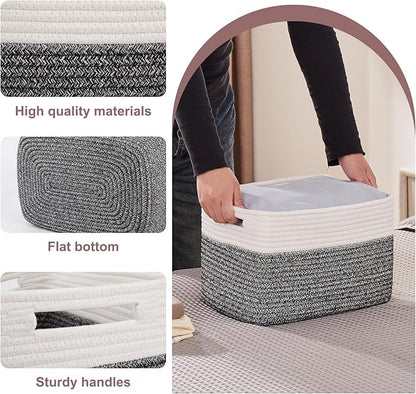 OIAHOMY 4 Pack Storage Baskets for Organizing, Basket for Shelves with Handle, Woven Baskets for Storage Toys, Towels, Books, Cotton Rope Basket 13" L x 9 " W x 7.8 " H, Black & White