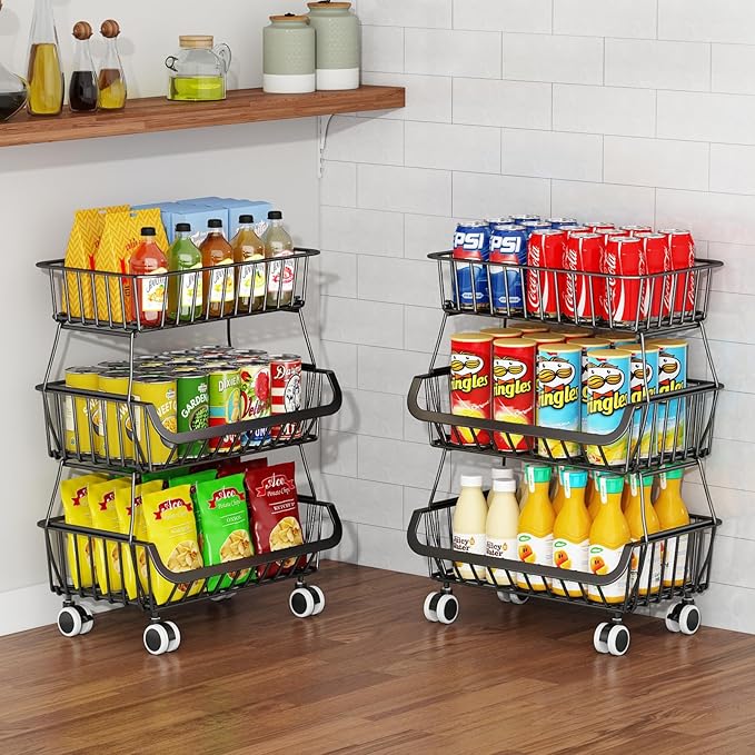 3-Tier Rolling Pantry Floor Organizer, Stackable Pantry Storage Cart with Wheels, Metal Wire Snack Organizers, Kitchen Fruit Basket Stand, Vegetable Storage Rack for Onion Potato Snacks, Black, 2 Pack