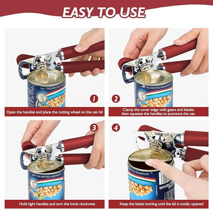 10 Colors Can Opener Manual Handheld Heavy Duty Hand Can Opener Smooth Edge Stainless Steel Can Openers Top Lid Kitchen Gadgets, Best Large Rated Easy Turn Knob, with Bottle Opener, Burgundy