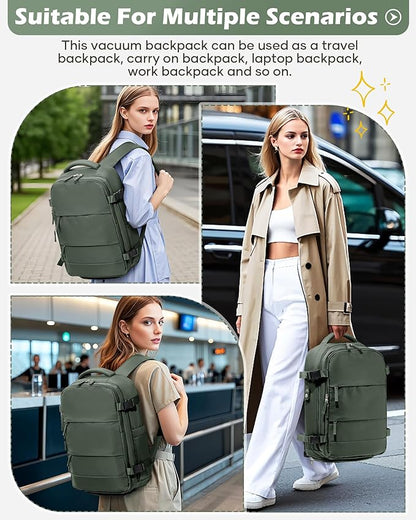 Vacuum Backpack Travel Laptop Backpacks For Women Men Carry On Backpack With Vacuum Compression Bags Seal Packing Personal Item Travel Bag Vacpack Backpacks With Pump Olive Green