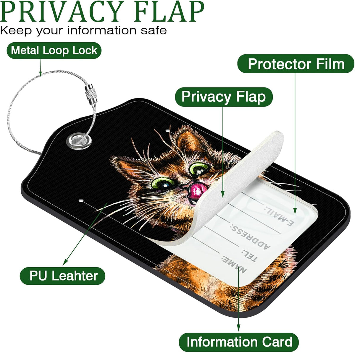 2 PCS Leather Luggage Tags for Suitcase Cute Cat Travel Luggage Tag with Privacy Flap Name ID Label and Metal Loop for Travel Bag Suitcase