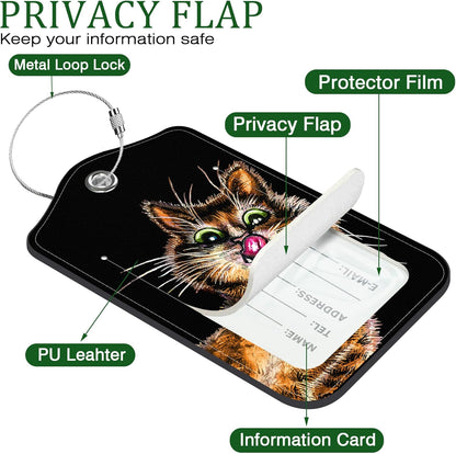 2 PCS Leather Luggage Tags for Suitcase Cute Cat Travel Luggage Tag with Privacy Flap Name ID Label and Metal Loop for Travel Bag Suitcase